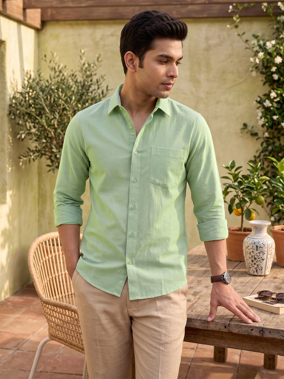 VORA LABEL Men Cotton Solid Regular Fit Casual Shirt - Light Green Main image