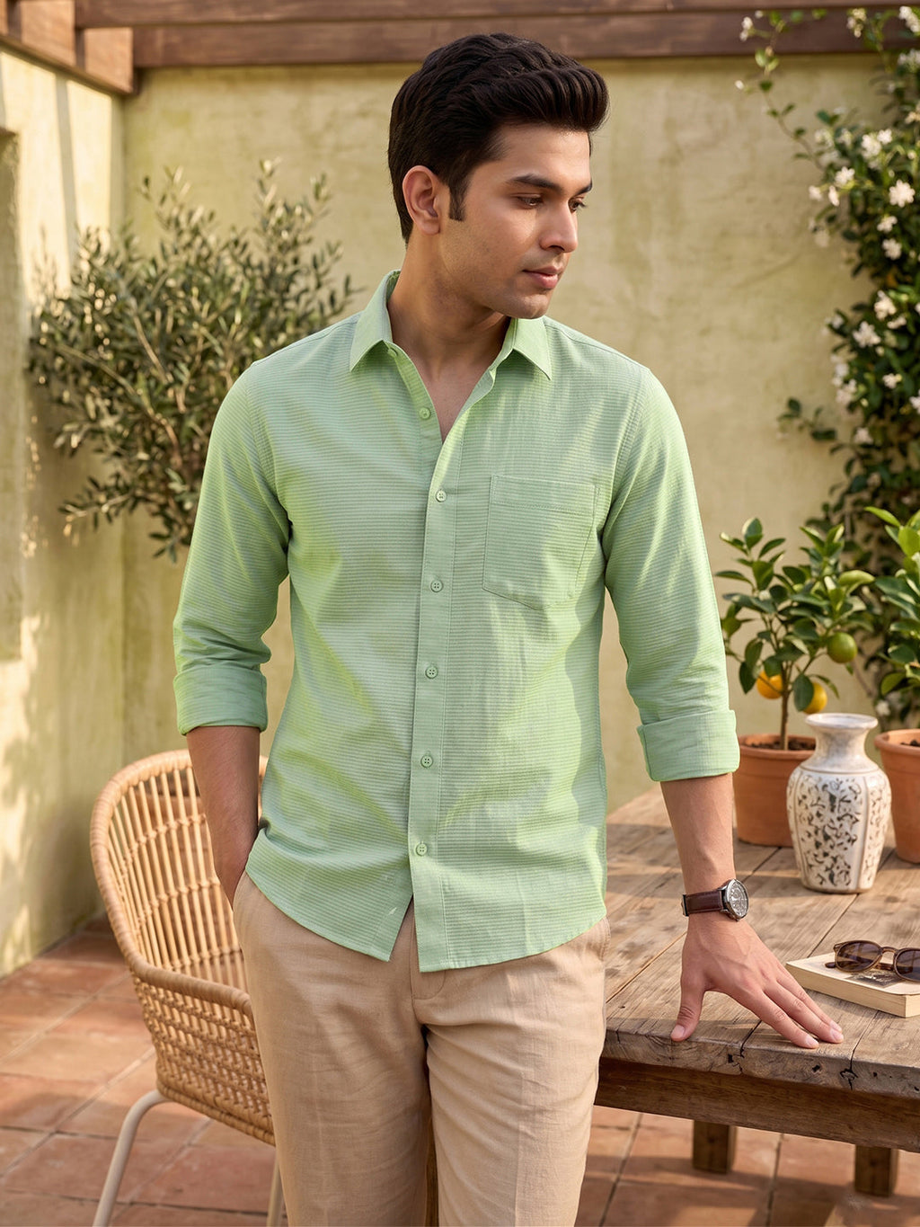 VORA LABEL Men Cotton Solid Regular Fit Casual Shirt - Light Green