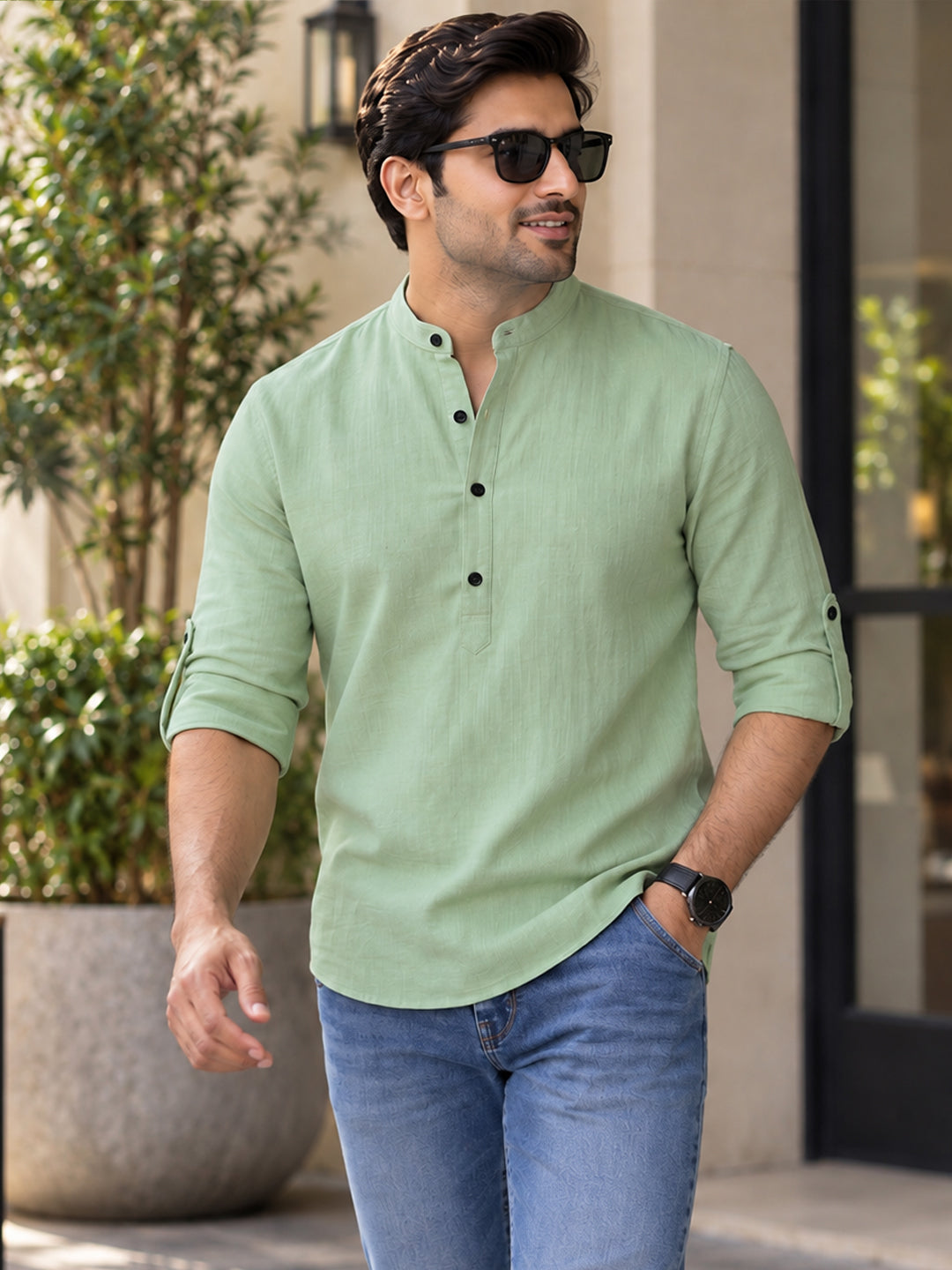 VORA LABEL Men’s Cotton Blend Solid Kurta | Mandarin Collar Full Sleeve Kurta | Casual & Festive Wear