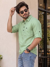 VORA LABEL Men’s Cotton Blend Solid Kurta | Mandarin Collar Full Sleeve Kurta with Pocket | Casual & Festive Wear