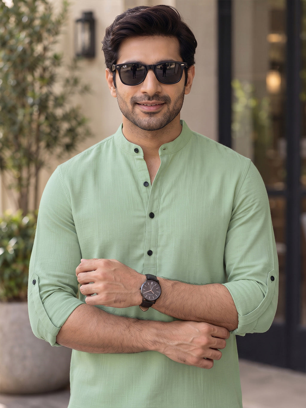 VORA LABEL Men’s Cotton Blend Solid Kurta | Mandarin Collar Full Sleeve Kurta | Casual & Festive Wear