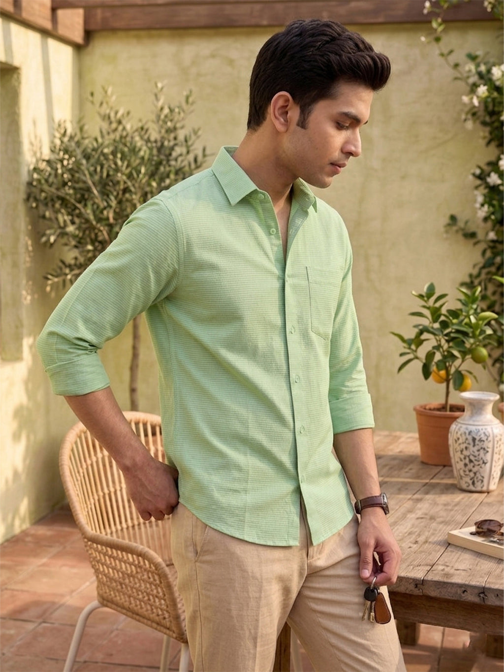 VORA LABEL Men Cotton Solid Regular Fit Casual Shirt - Light Green