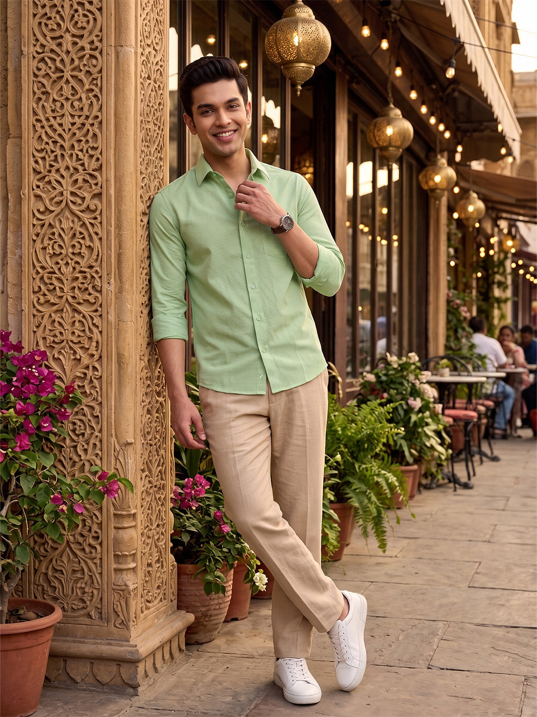 VORA LABEL Men Cotton Solid Regular Fit Casual Shirt - Light Green Secondary image
