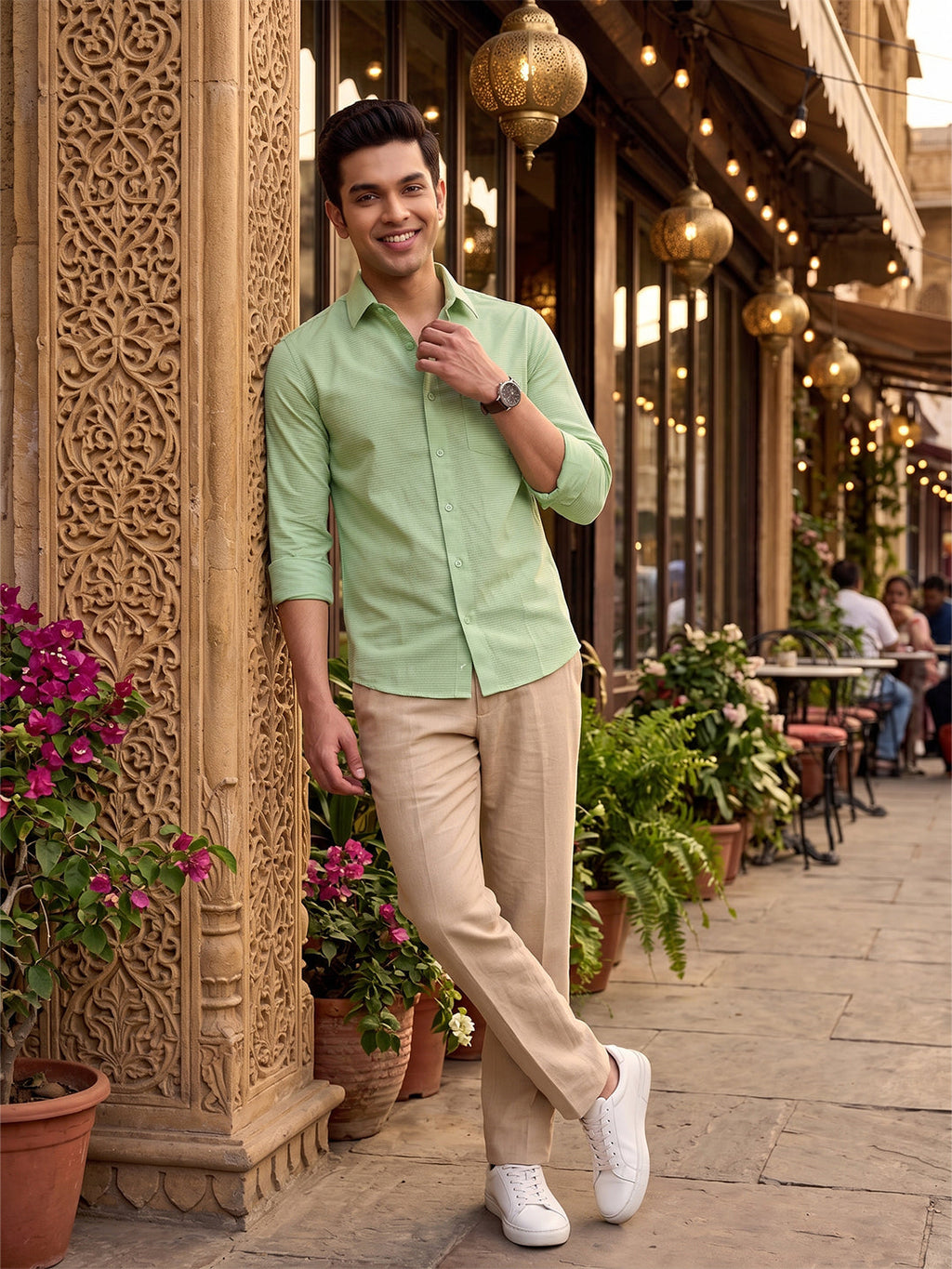 VORA LABEL Men Cotton Solid Regular Fit Casual Shirt - Light Green