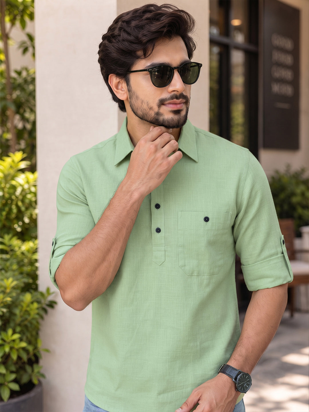 VORA LABEL Men’s Cotton Blend Solid Kurta | Mandarin Collar Full Sleeve Kurta with Pocket | Casual & Festive Wear