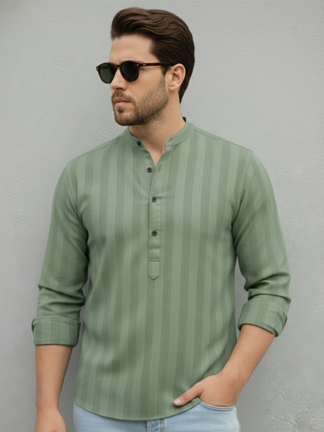 VORA LABEL Men Cotton Striped Relaxed Fit Short Kurta - Light Green
