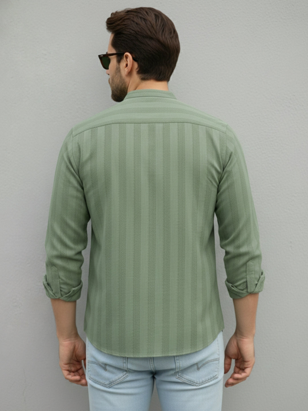 VORA LABEL Men Cotton Striped Relaxed Fit Short Kurta - Light Green