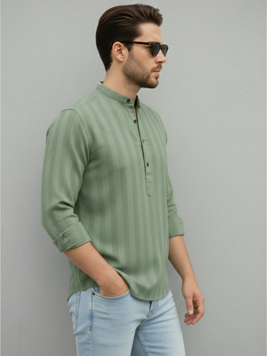 VORA LABEL Men Cotton Striped Relaxed Fit Short Kurta - Light Green