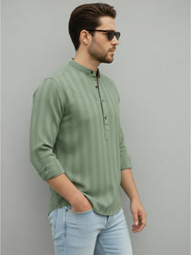 VORA LABEL Men Cotton Striped Relaxed Fit Short Kurta - Light Green
