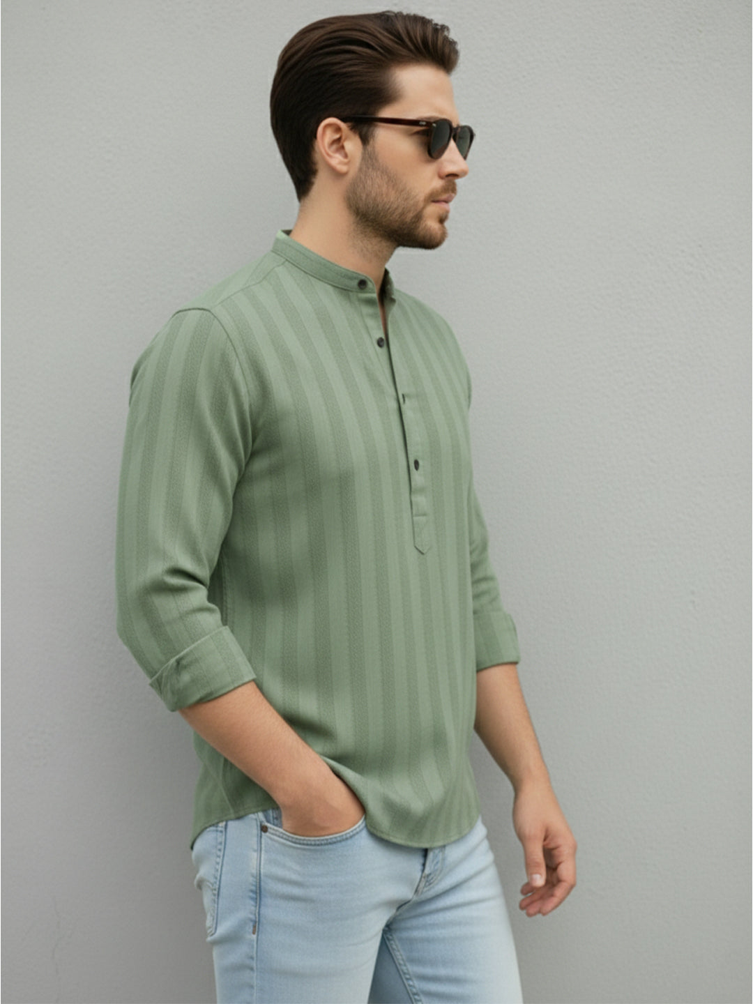 VORA LABEL Men Cotton Striped Relaxed Fit Short Kurta - Light Green