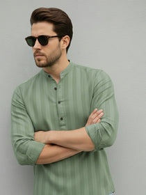 VORA LABEL Men Cotton Striped Relaxed Fit Short Kurta - Light Green
