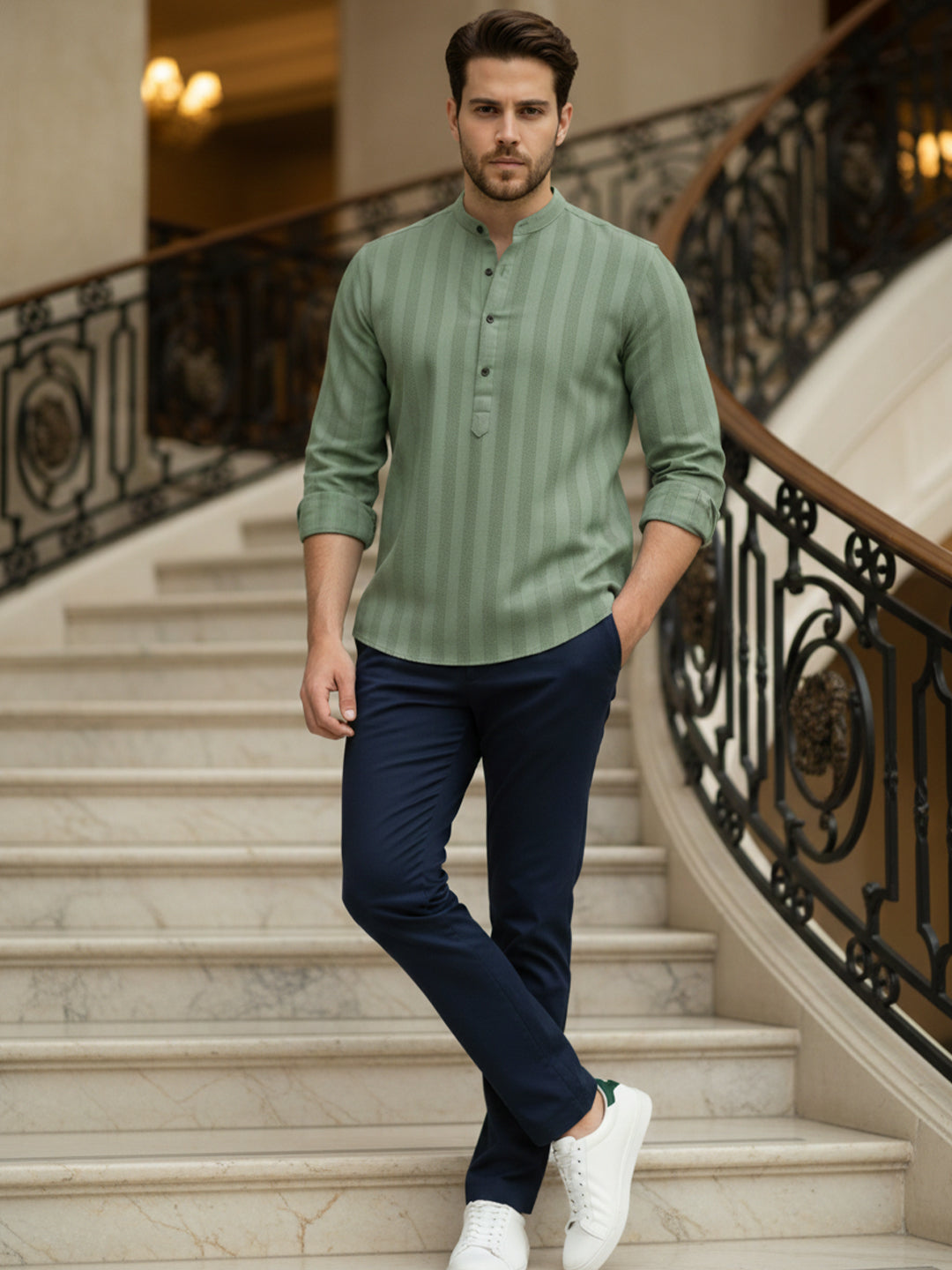 VORA LABEL Men Cotton Striped Relaxed Fit Short Kurta - Light Green Main image