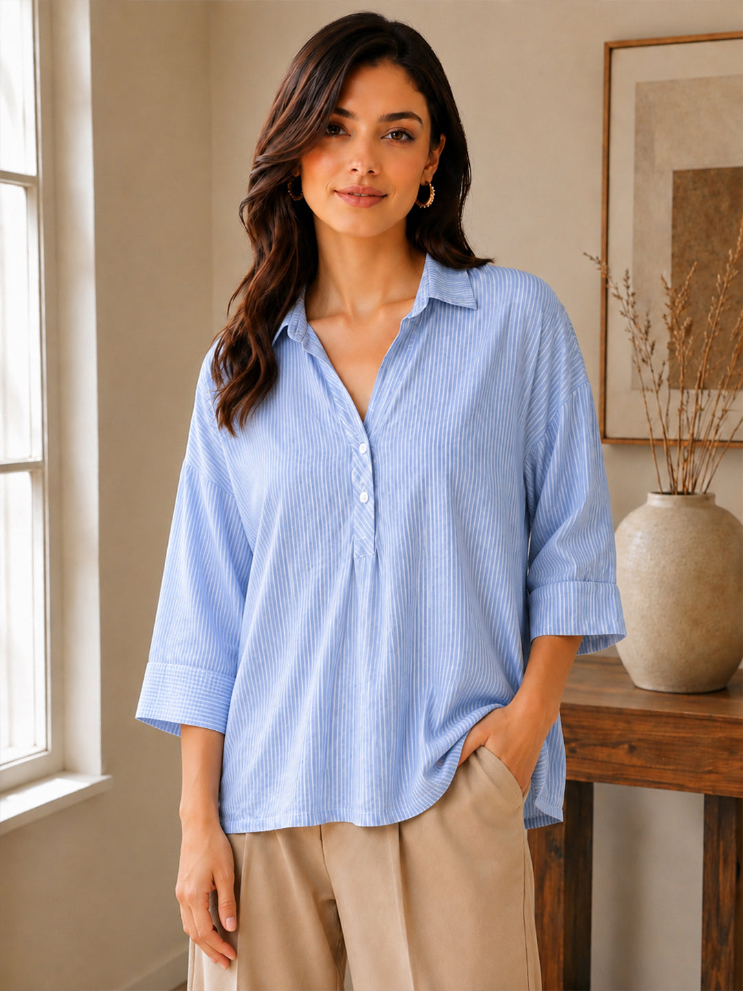 VORA LABEL Women’s Pure Cotton Striped Collared Top | 3/4 Sleeve Relaxed Fit Casual & Office Wear Shirt Main image