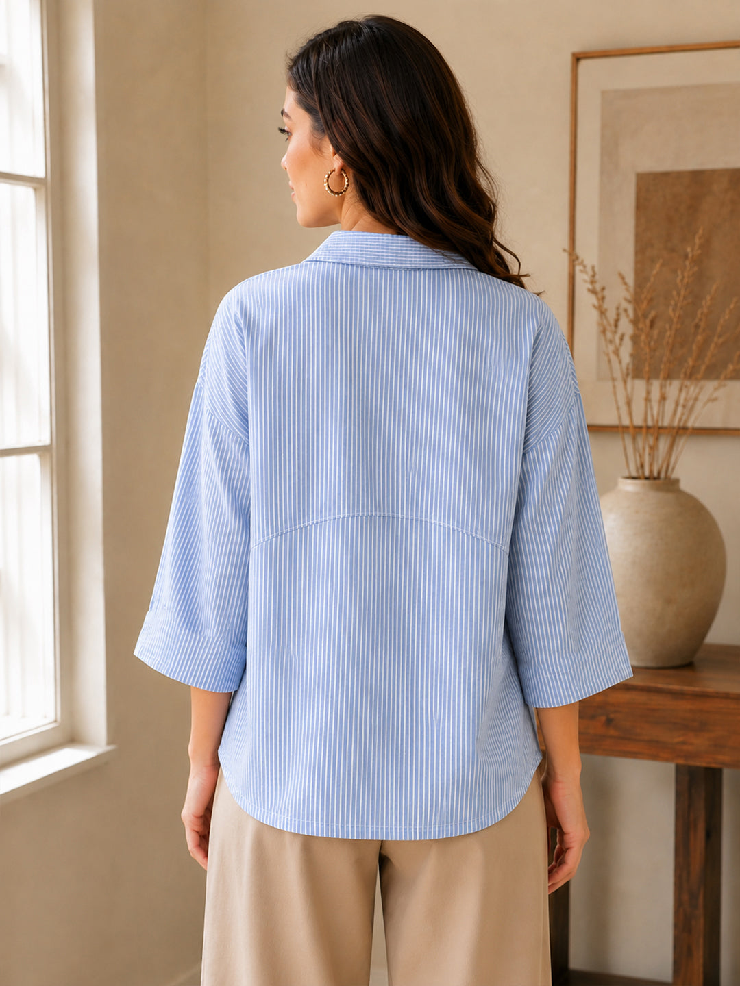 VORA LABEL Women’s Pure Cotton Striped Collared Top | 3/4 Sleeve Relaxed Fit Casual & Office Wear Shirt Secondary image