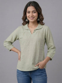VORA LABEL Women Linen Cotton Regular Fit V Neck Top - White