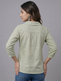 VORA LABEL Women Linen Cotton Regular Fit V Neck Top - White