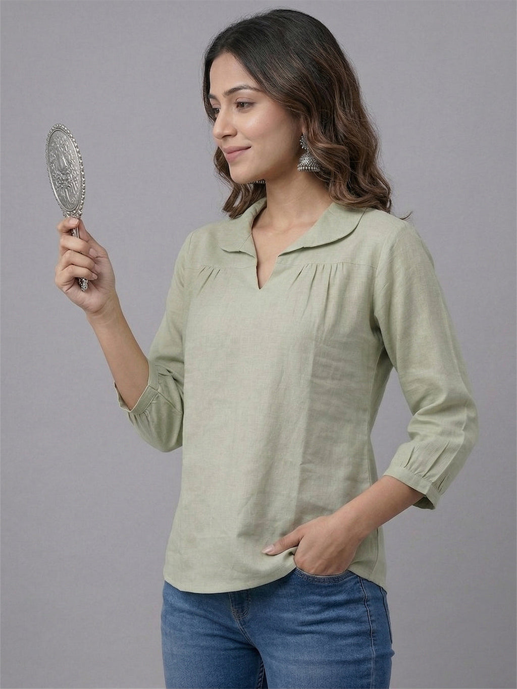 VORA LABEL Women Linen Cotton Regular Fit V Neck Top - White