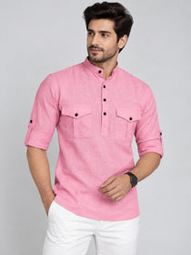 VORA LABEL Men’s Pure Cotton Solid Mandarin Collar Kurta | Full Sleeves with Roll-Up Tab | Casual & Smart Casual Wear