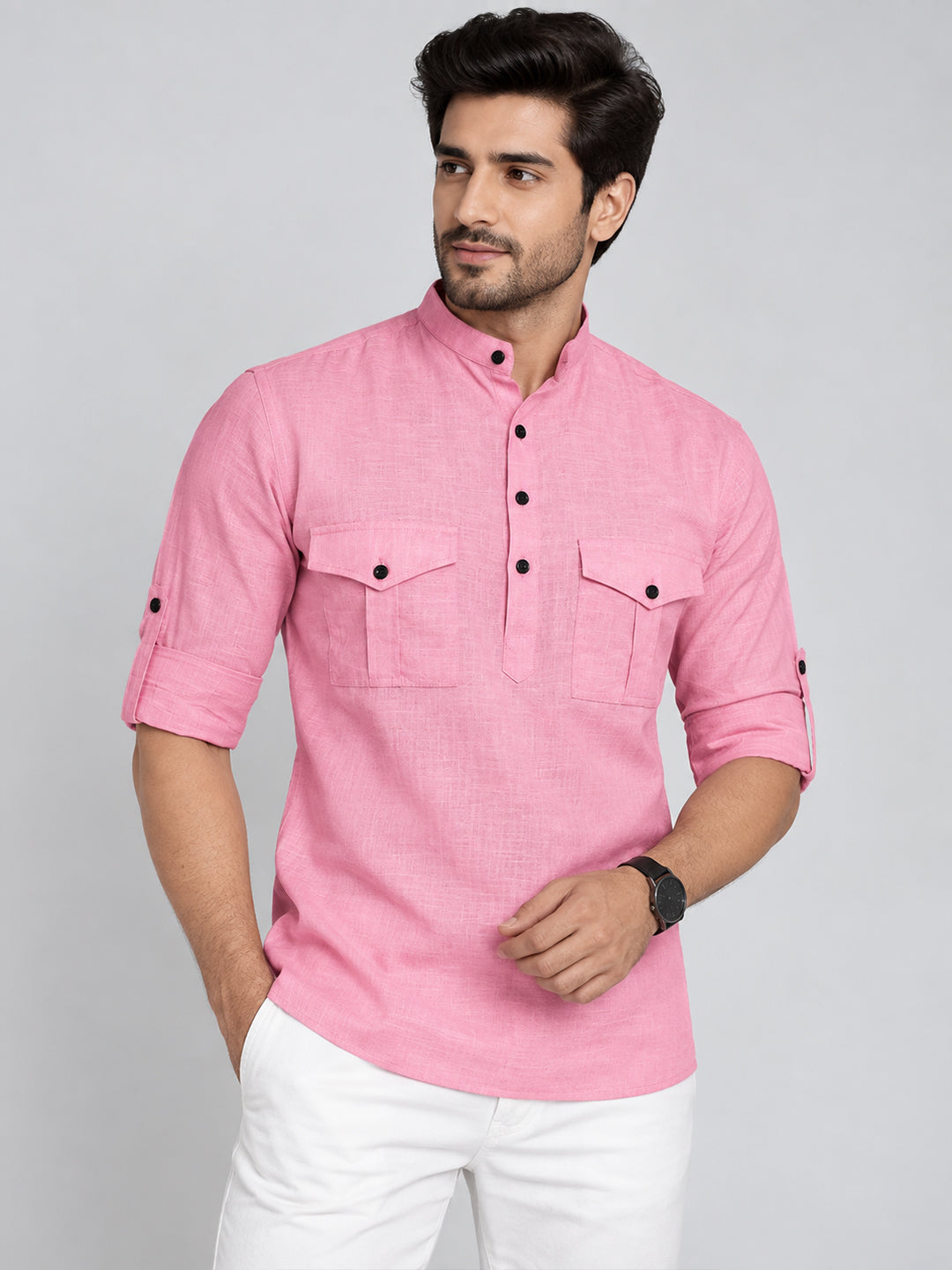 VORA LABEL Men’s Pure Cotton Solid Mandarin Collar Kurta | Full Sleeves with Roll-Up Tab | Casual & Smart Casual Wear