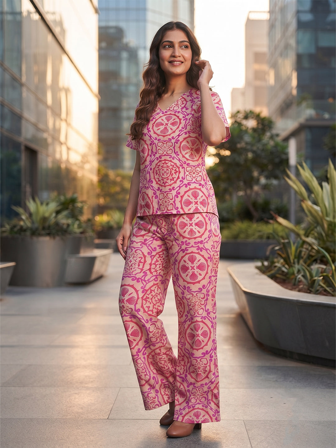 VORA LABEL Women Linen Cotton Printed Regular Fit Night Suit Set - Light Pink Main image