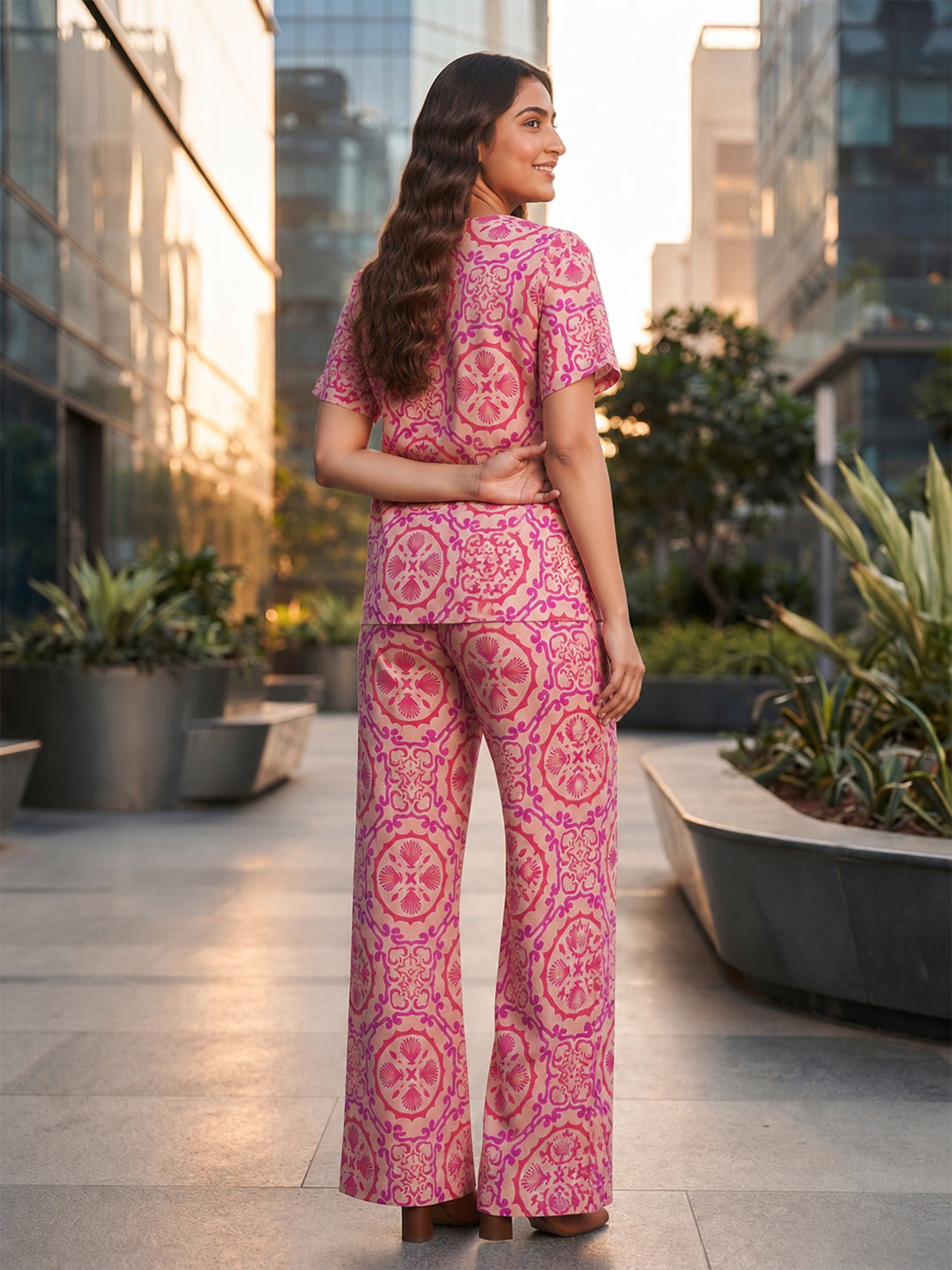 VORA LABEL Women's Printed Linen Cotton Night Suit Co-ord Set | Half Sleeve Top & Full-Length Pyjama | Soft & Breathable Sleepwear