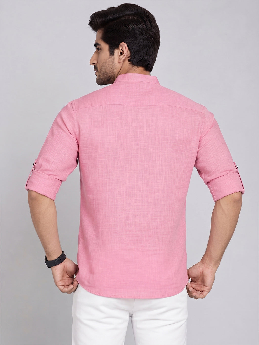 VORA LABEL Men’s Pure Cotton Solid Mandarin Collar Kurta | Full Sleeves with Roll-Up Tab | Casual & Smart Casual Wear