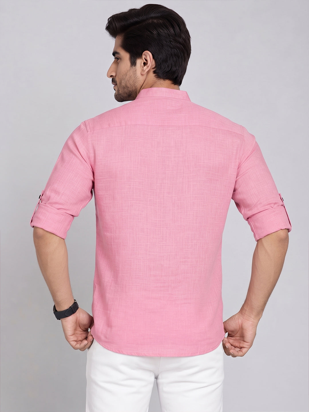 VORA LABEL Men’s Pure Cotton Solid Mandarin Collar Kurta | Full Sleeves with Roll-Up Tab | Casual & Smart Casual Wear