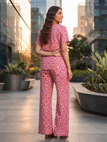 VORA LABEL Women Linen Cotton Printed Regular Fit Night Suit Set - Light Pink