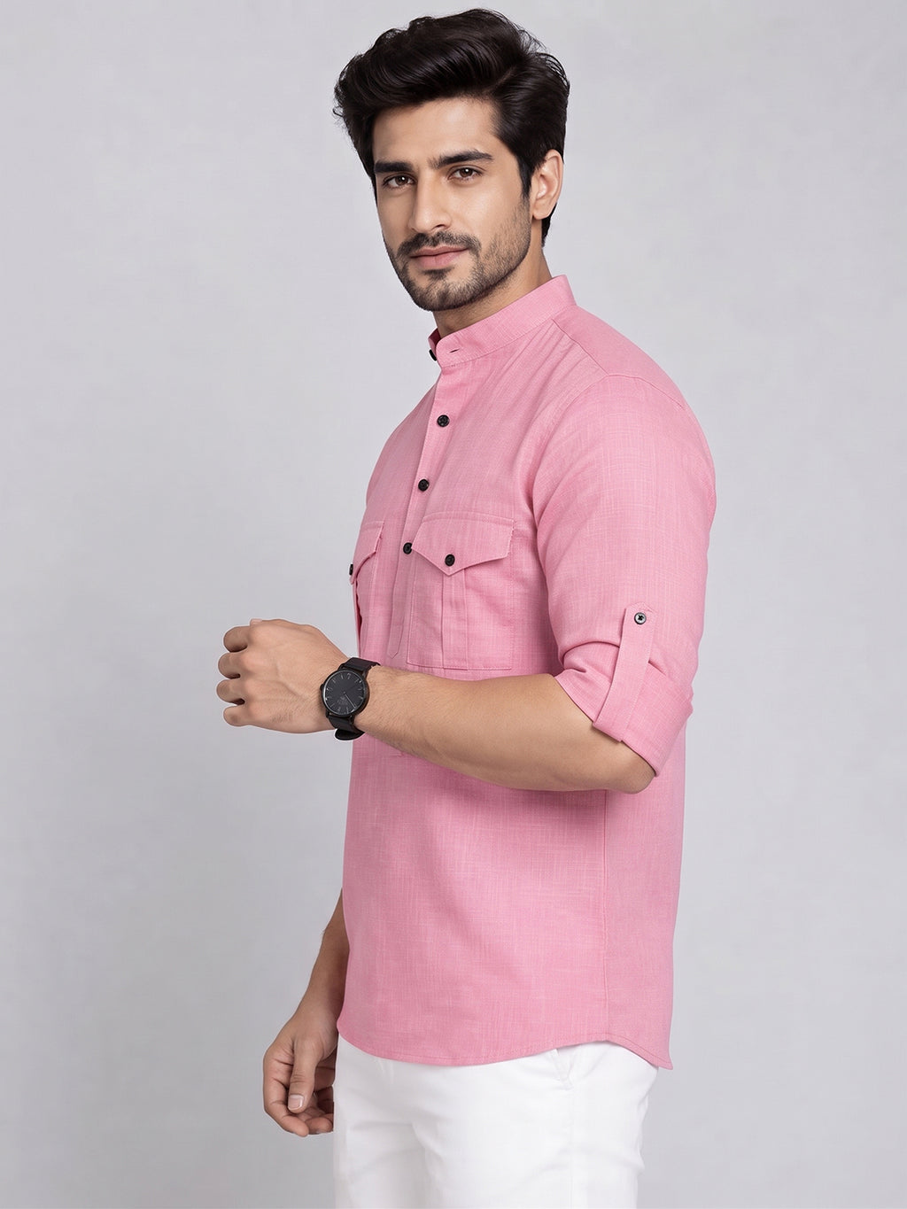 VORA LABEL Men’s Pure Cotton Solid Mandarin Collar Kurta | Full Sleeves with Roll-Up Tab | Casual & Smart Casual Wear