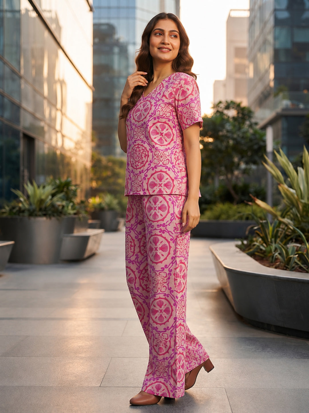 VORA LABEL Women's Printed Linen Cotton Night Suit Co-ord Set | Half Sleeve Top & Full-Length Pyjama | Soft & Breathable Sleepwear