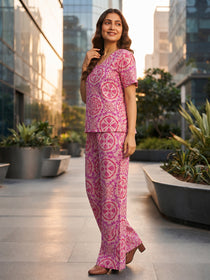 VORA LABEL Women Linen Cotton Printed Regular Fit Night Suit Set - Light Pink