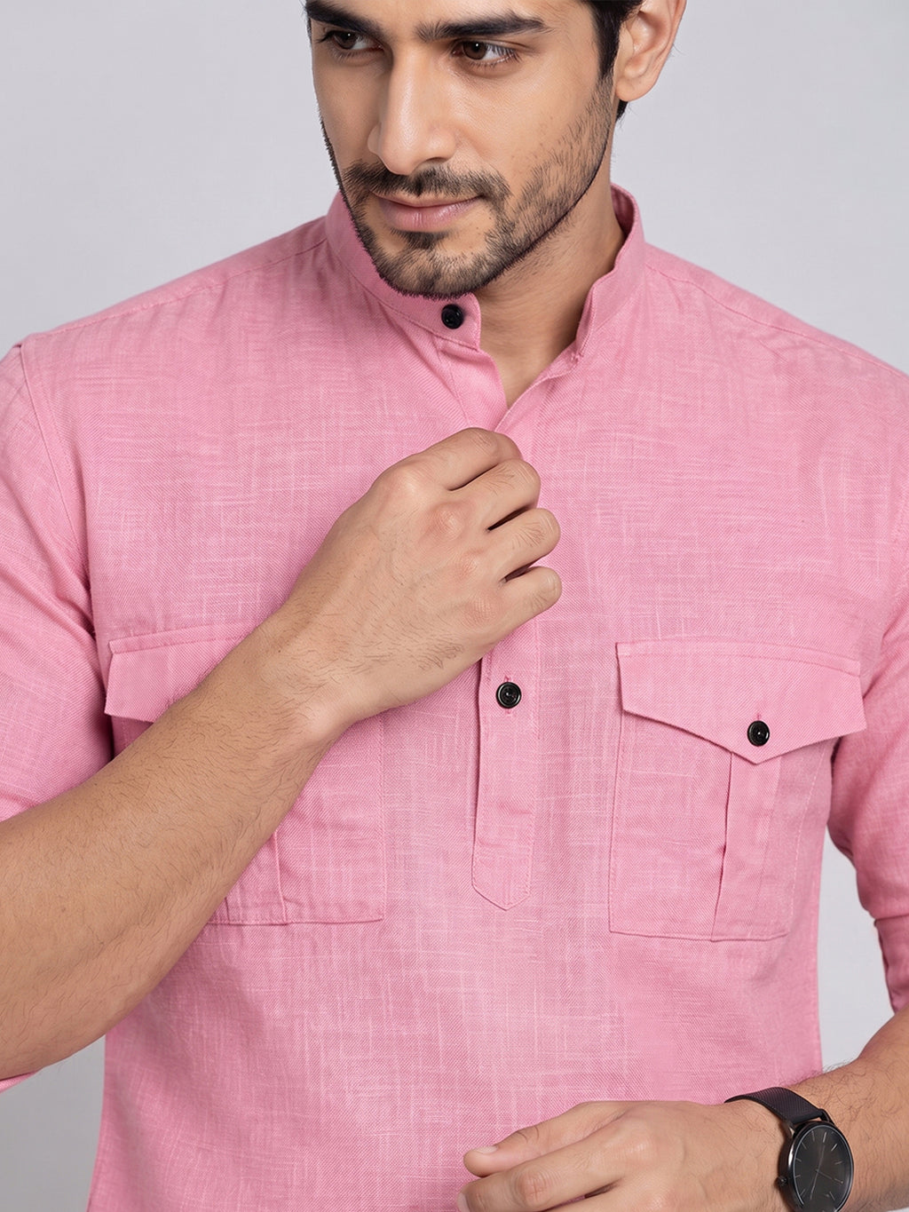 VORA LABEL Men’s Pure Cotton Solid Mandarin Collar Kurta | Full Sleeves with Roll-Up Tab | Casual & Smart Casual Wear