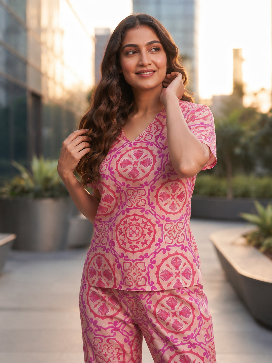 VORA LABEL Women's Printed Linen Cotton Night Suit Co-ord Set | Half Sleeve Top & Full-Length Pyjama | Soft & Breathable Sleepwear