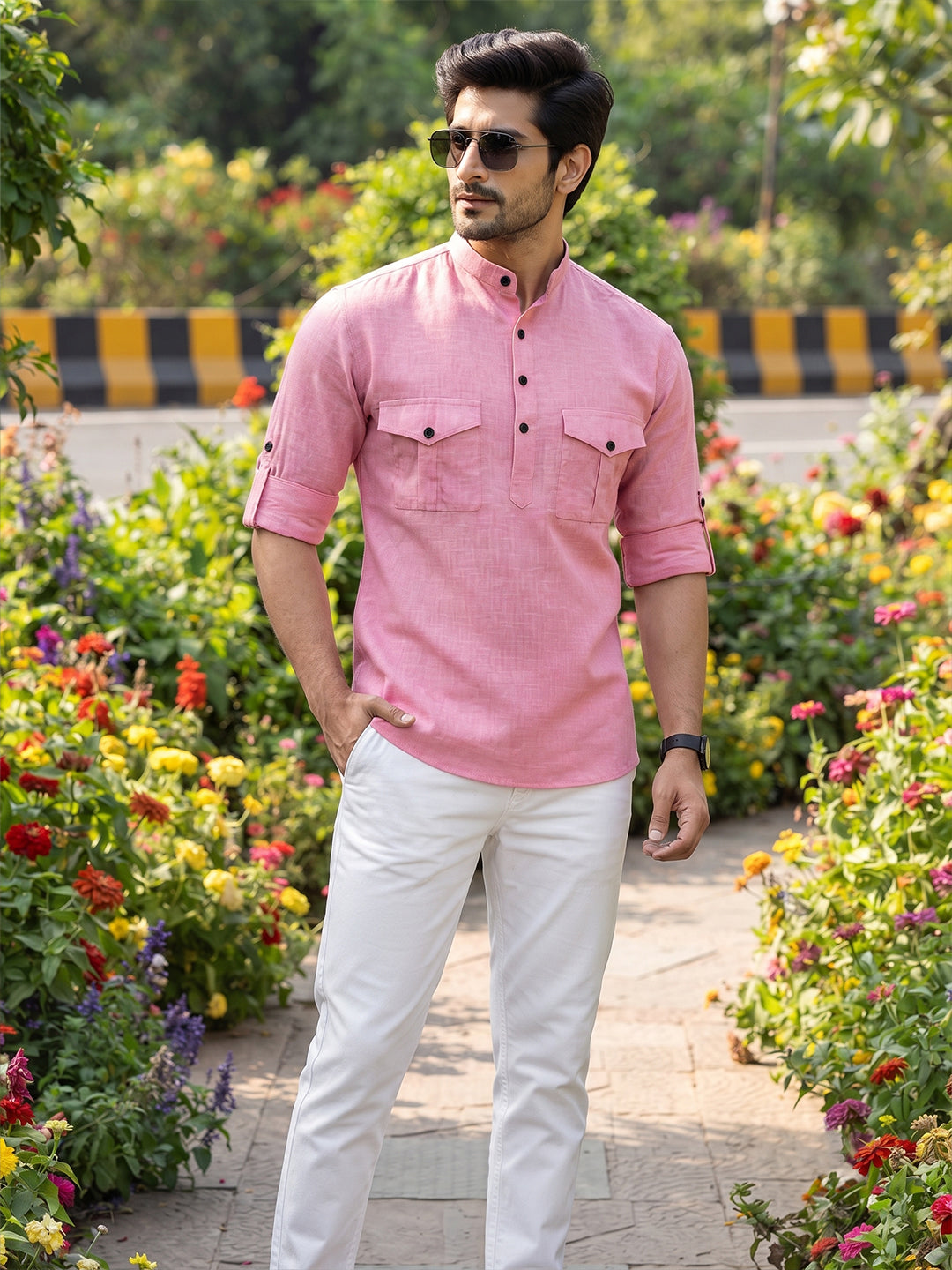 VORA LABEL Men’s Pure Cotton Solid Mandarin Collar Kurta | Full Sleeves with Roll-Up Tab | Casual & Smart Casual Wear