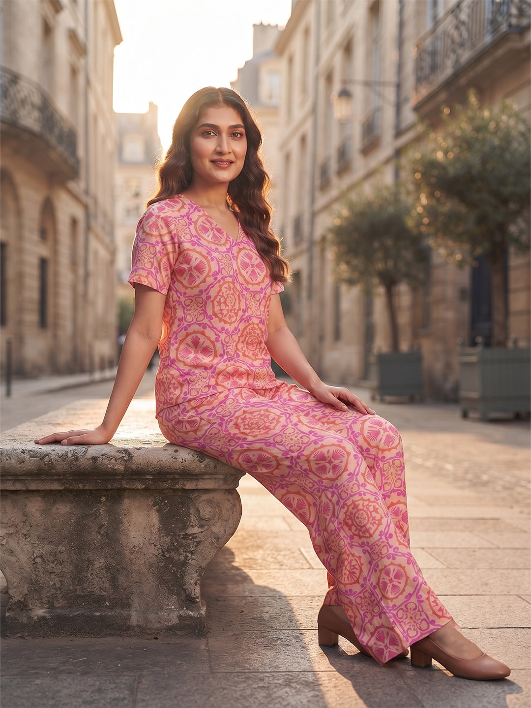 VORA LABEL Women Linen Cotton Printed Regular Fit Night Suit Set - Light Pink