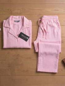VORA LABEL Women Linen Solid Relaxed Fit Night Suit Set - Baby Pink