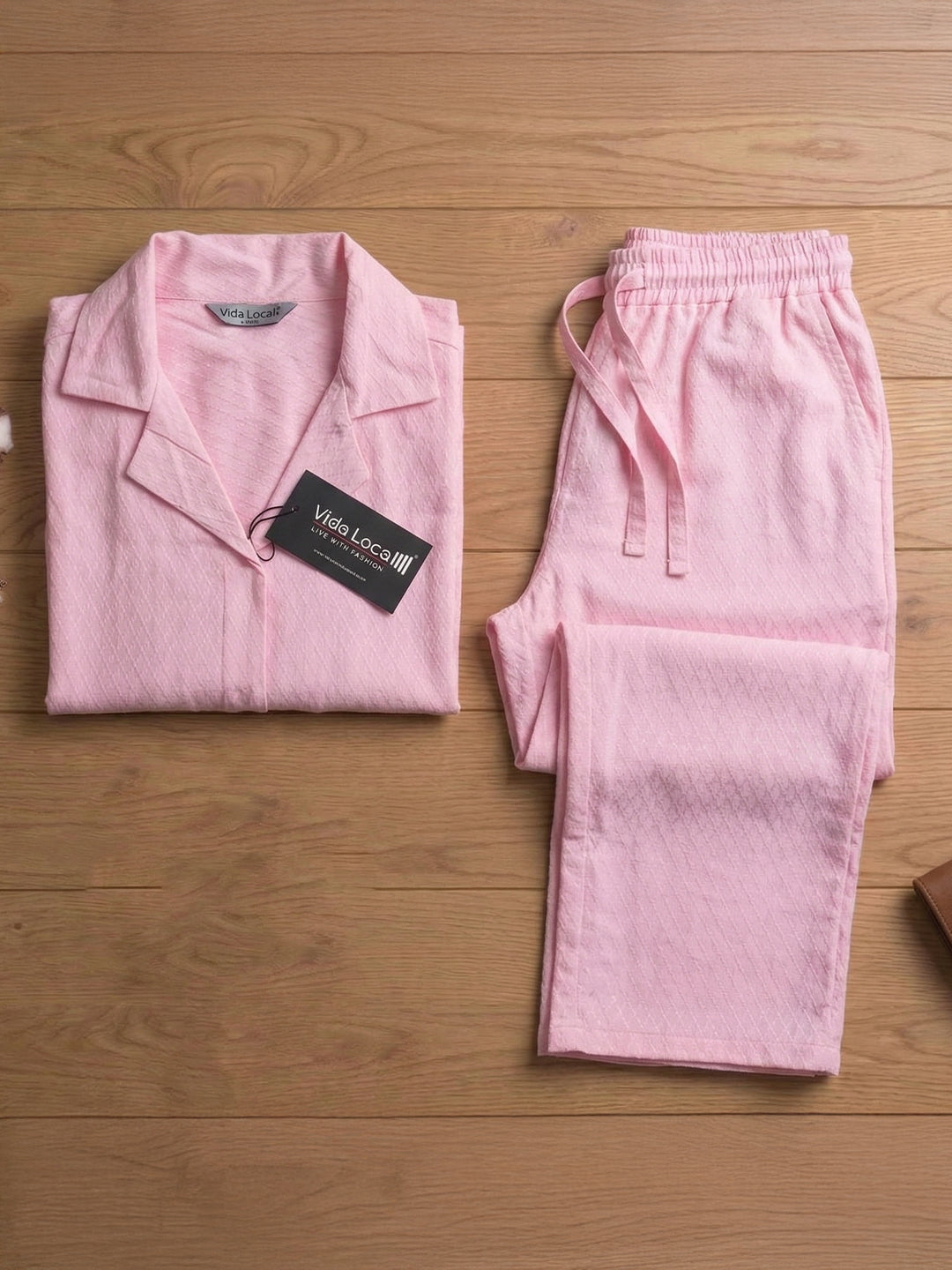 VORA LABEL Women Linen Solid Relaxed Fit Night Suit Set - Baby Pink