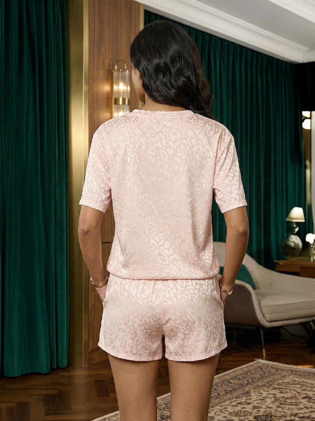 VORA LABEL Peach Two Piece Set, Loungewear Set T-shirt & Shorts, Short Sleeve Women And Girls Secondary image