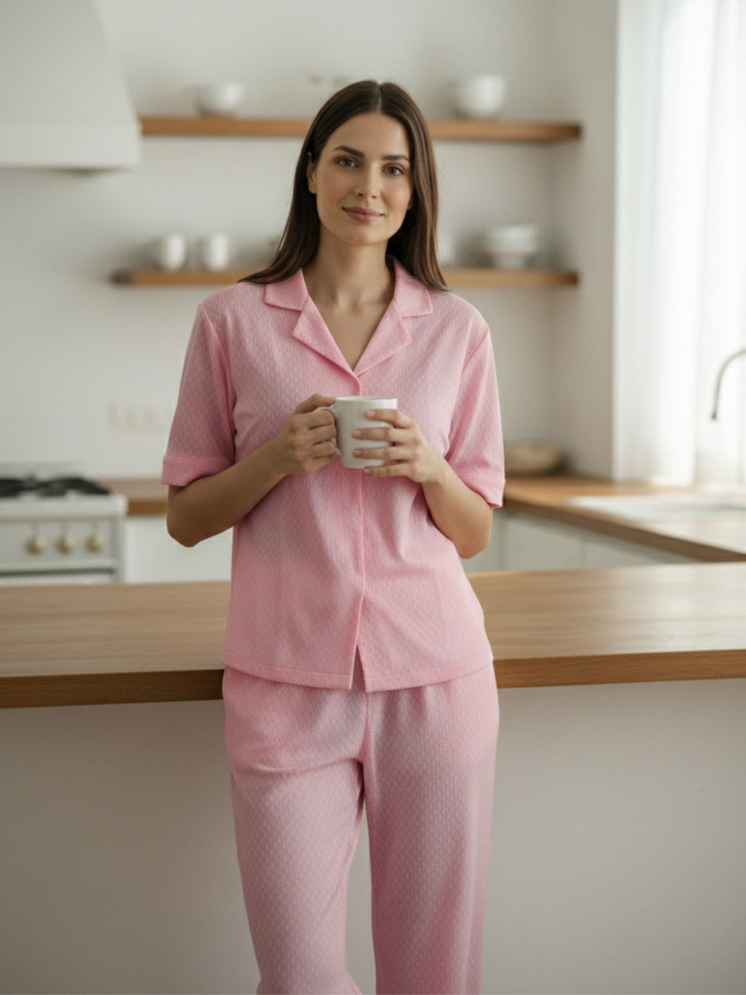 VORA LABEL Women Linen Solid Relaxed Fit Night Suit Set - Baby Pink