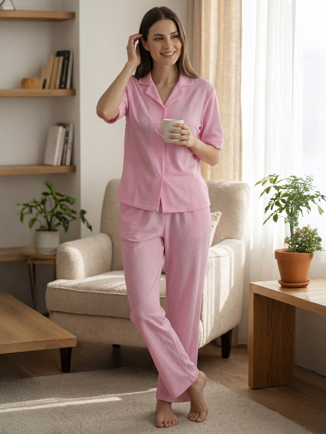 VORA LABEL Women Linen Solid Relaxed Fit Night Suit Set - Baby Pink