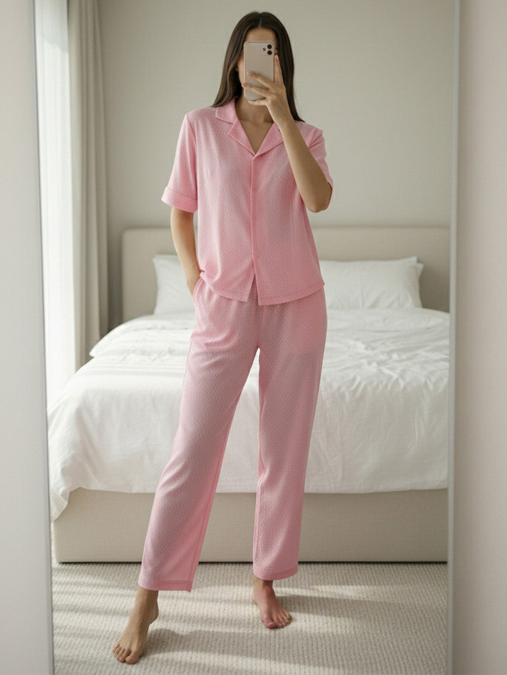 VORA LABEL Women Linen Solid Relaxed Fit Night Suit Set - Baby Pink