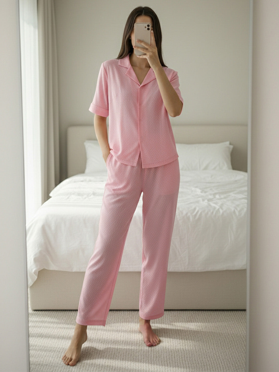 VORA LABEL Women Linen Solid Relaxed Fit Night Suit Set - Baby Pink