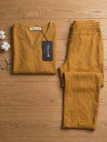 VORA LABEL Women Linen Solid Relaxed Fit Co-ord Set - Golden
