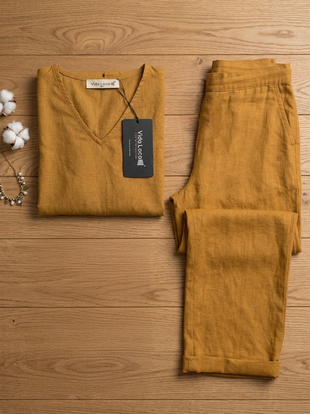 VORA LABEL Women Linen Solid Relaxed Fit Co-ord Set - Golden