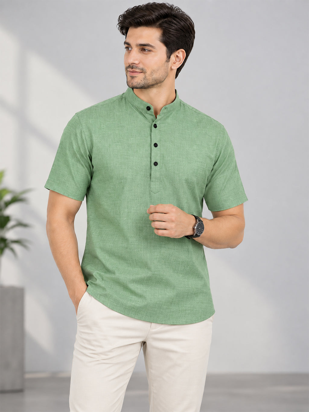 VORA LABEL Men’s Cotton Blend Mandarin Collar Half Kurta | Short Sleeve Solid Casual Wear