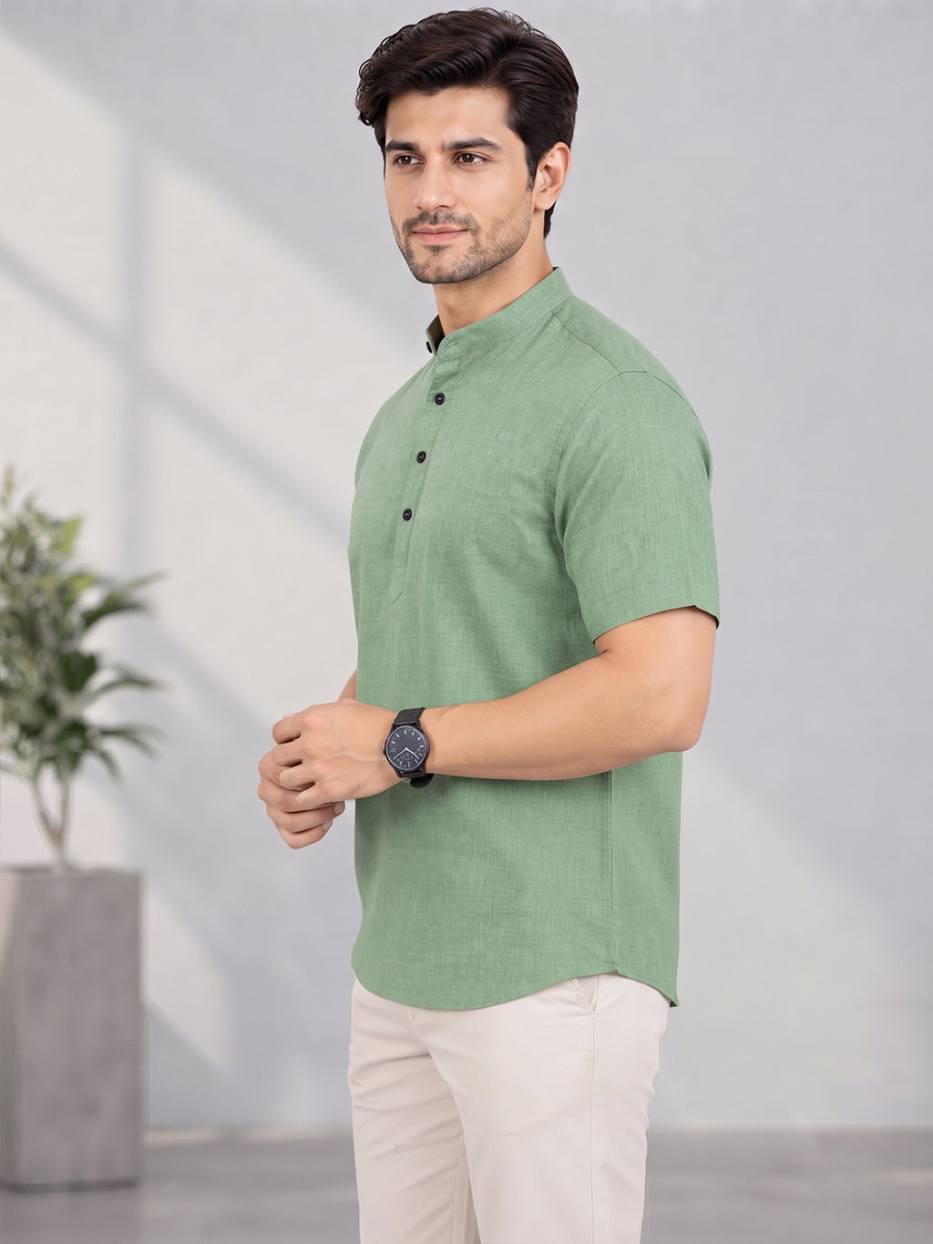 VORA LABEL Men’s Cotton Blend Mandarin Collar Half Kurta | Short Sleeve Solid Casual Wear