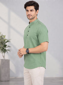 VORA LABEL Men’s Cotton Blend Mandarin Collar Half Kurta | Short Sleeve Solid Casual Wear