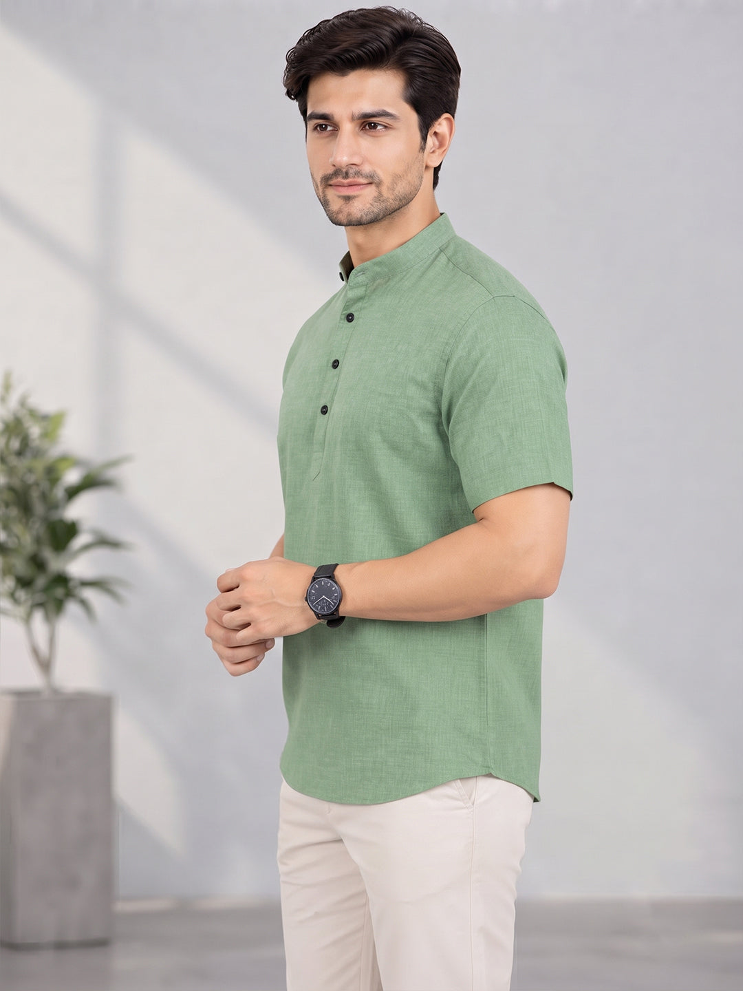 VORA LABEL Men’s Cotton Blend Mandarin Collar Half Kurta | Short Sleeve Solid Casual Wear