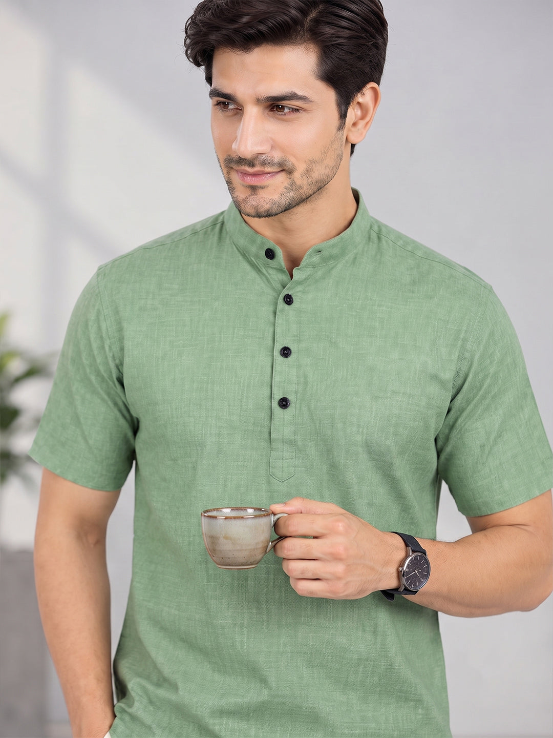 VORA LABEL Men’s Cotton Blend Mandarin Collar Half Kurta | Short Sleeve Solid Casual Wear