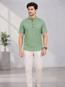 VORA LABEL Men’s Cotton Blend Mandarin Collar Half Kurta | Short Sleeve Solid Casual Wear
